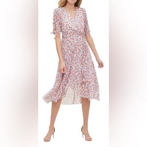 Tommy Hilfiger Sz 8 Coral Blue Floral Chiffon Flowy Lightweight Faux Wrap Dress